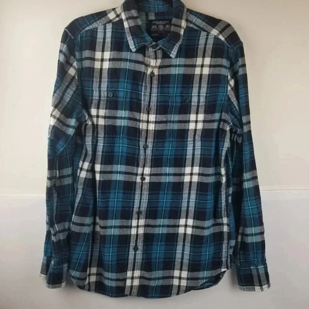 American Eagle Outfitters Prep Fit Men's Blue/Green Plaid Shacket Shirt Sz Large